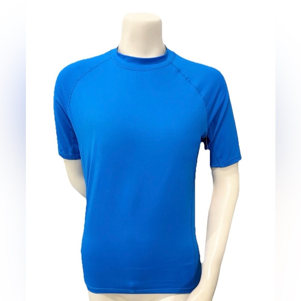 Men’s UPF 50+ Rash Guard Blue Short Sleeve Swim Shirt UV Protection Size L NWT